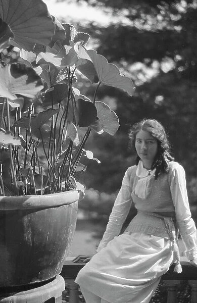 Unidentified woman seated in a garden next to a large potted plant, between 1917 and 1934. Creator: Arnold Genthe