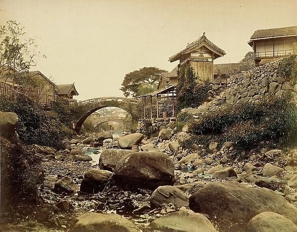 View on Amidabashi (Amida Bridge) over Nagasaki's Zeniyagawa (Zeniya River... 1865. Creator: Unknown)