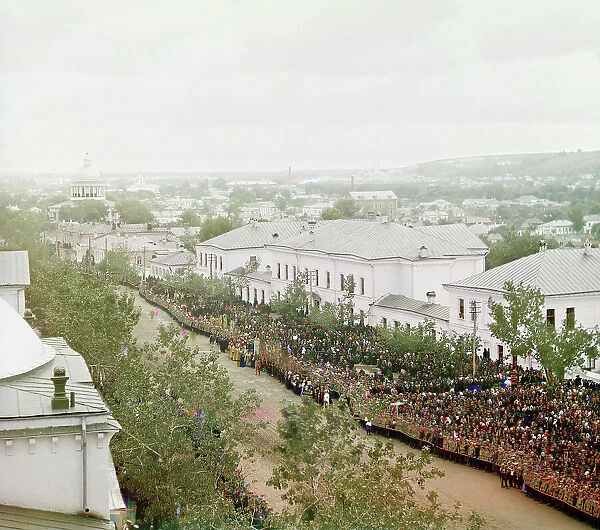 View from the bell tower of the Trinity cathedral (of the Trinity Monastery) on Cathedral... 1911. Creator: Sergey Mikhaylovich Prokudin-Gorsky