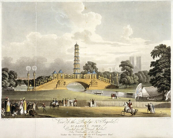 View of the Chinese bridge and pagoda in St Jamess Park, London, 1814