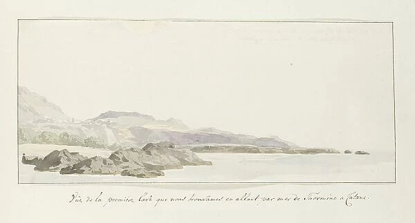 View of the coast at Taormina with lava stream, 1778. Creator: Louis Ducros