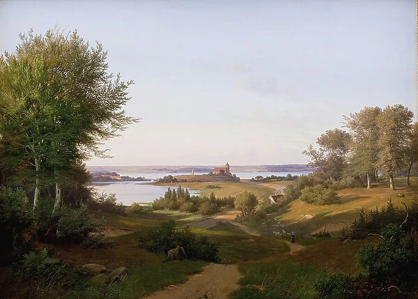 View of the Hill at Skanderborg Castle, Jutland, and the Memorial to Frederik VI, 1845. Creator: Andreas Juuel