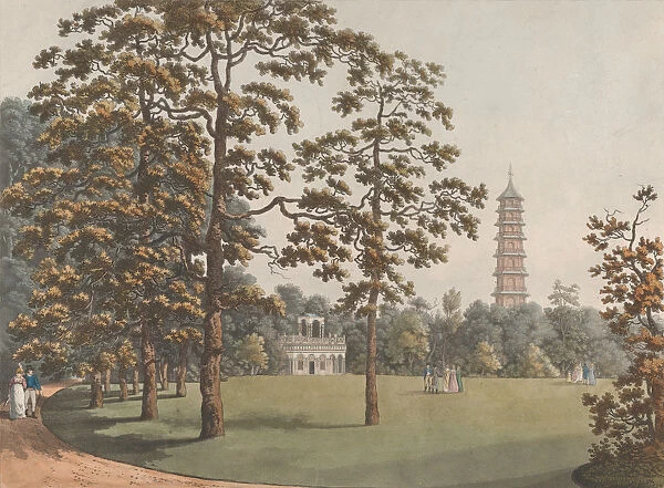 A View in Kew Gardens of the Alhambra and the Pagoda, 1813. Creator: Heinrich Schutz