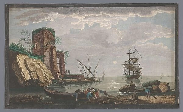 View off the coast in the vicinity of the city of Toulon by Moonlight, 1733-1797. Creators: Pierre François Basan, Jean Francois Feradiny, Anon