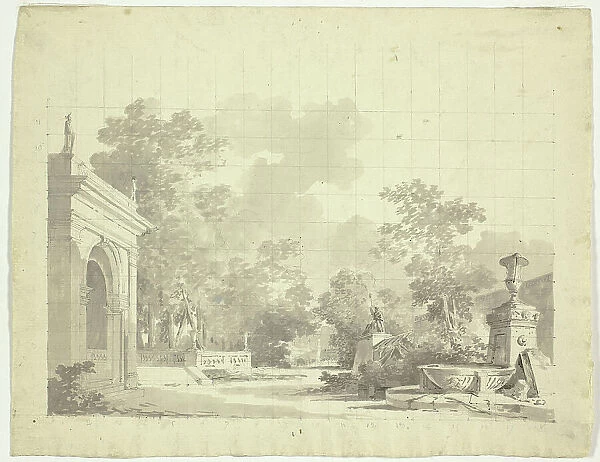 View of the Park at Versailles: Arched Entry to a Terrace, Urns and Ruined Statuary, n.d. Creator: Pierre Antoine Mongin