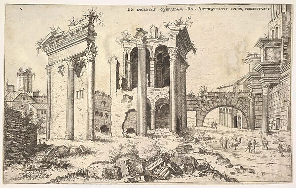 View of unidentified ruins with trabeated facade at left, arcades at center