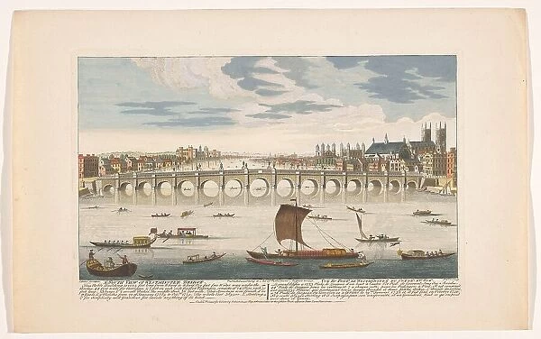 View of Westminster Bridge over the River Thames in London, viewed from the north, 1751. Creator: Fabr. Parr