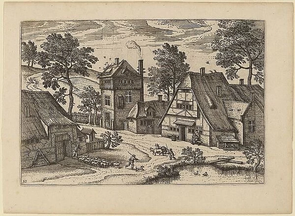 Village with Pond, published in or before 1676. Creator: Unknown