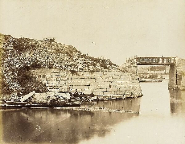 Walled River with Bridge and Houseboats, 1860. Creator: Felice Beato
