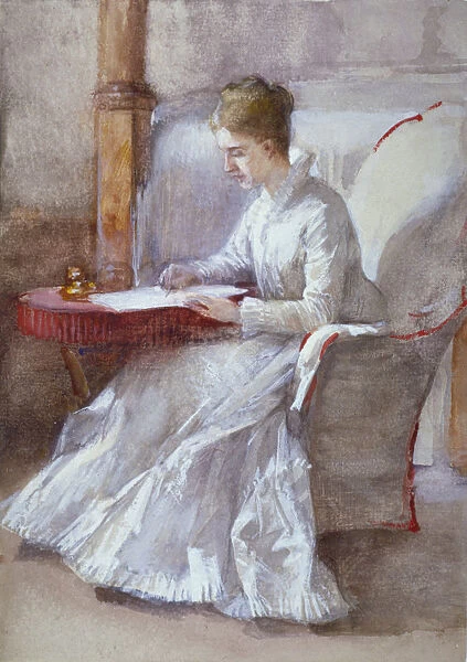 A Woman in White Writing at a Desk, c1864-1930. Artist: Anna Lea Merritt