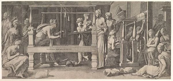 Women spinning, weaving and sewing, mid-16th century. Creator: Master FG (Italian