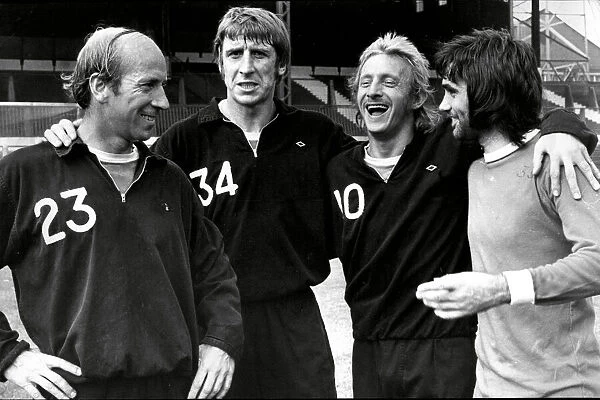 Manchester United footballers Wyn Davies with Bobby Charlton, Denis Law and George Best 1972