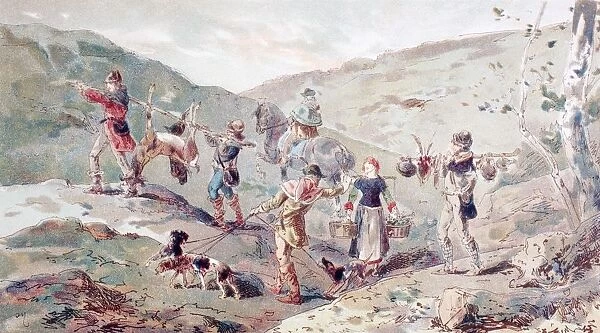 13Th Century Hunting Party With Porters. After A Watercolour By A. Heins. From Cortege Historique Des Moyens De Transport. Published Brussels, 1886