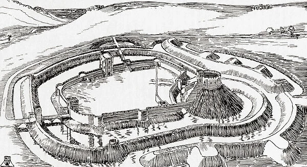 Aerial view of Berkhamsted Castle, Hertfordshire, England, partial reconstruction. From Everday Life in Anglo-Saxon, Viking and Norman Times, published 1926