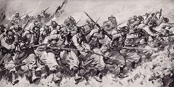 Algerian And Tunisian Troops, Known As Turcos, In A Bayonet Charge Against German Soldiers At The Battle Of Charleroi, Belgium During The First World War. From The Illustrated War News Published 1914
