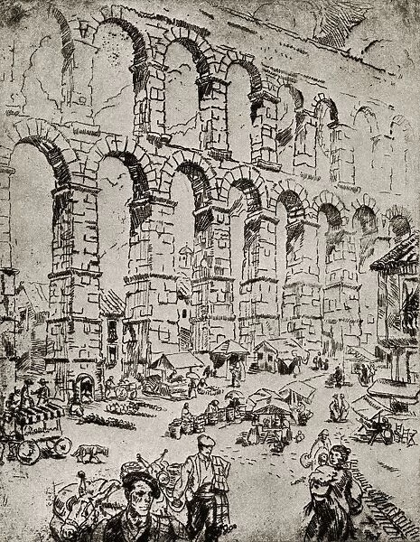 Aqueduct At Segovia. Segovia, Spain. Etching By Ada C. Williamson From The Book Tawny Spain Published 1927