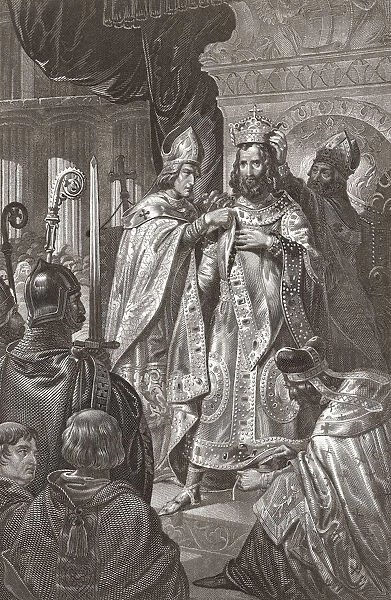 Baldwin I crowned King of Jerusalem, in the Church of the Nativity, Bethlehem, December 25, 1100. After a 19th century engraving by an anonymous artist