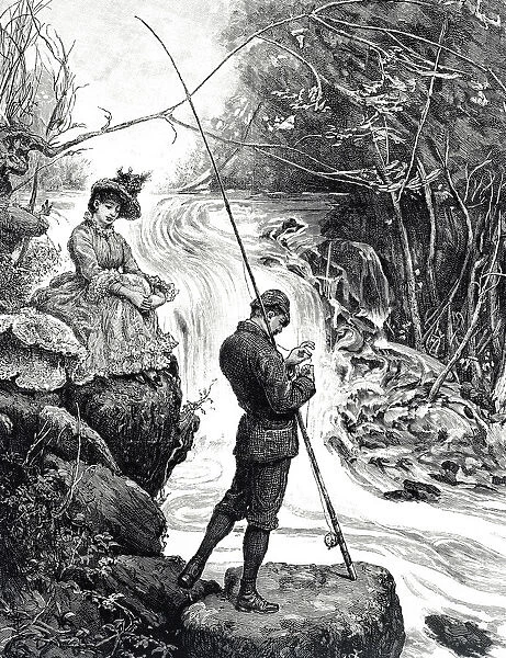 Cartoon depicting a couple enjoying a day of fishing, 19th century