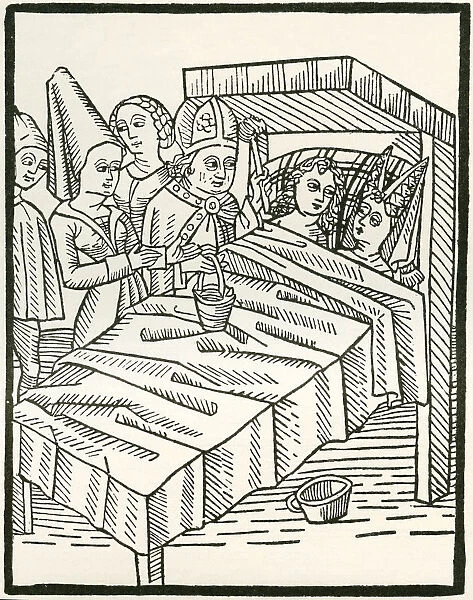 Ceremonial Part Of A Marriage Known As Beilagers, Mostly Used In Germany From The Middle Ages To The 19th Century. A Bishop Would Bless The Marriage Bed With The Newly Wed Couple In It, In Front Of Witnesses. After A 15th Century Woodcut. From Illustrierte Sittengeschichte Vom Mittelalter Bis Zur Gegenwart By Eduard Fuchs, Published 1909