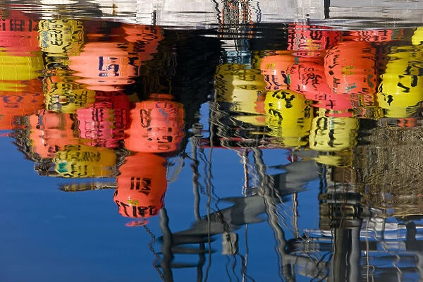Commercial Fishing Boat Buoys And Gear Reflect In The Waters For King Crab Fishing On The Stern Of The Vessel: Defiant Reflects In The Calm Waters Of Auke Bay, Southeast, Alaska