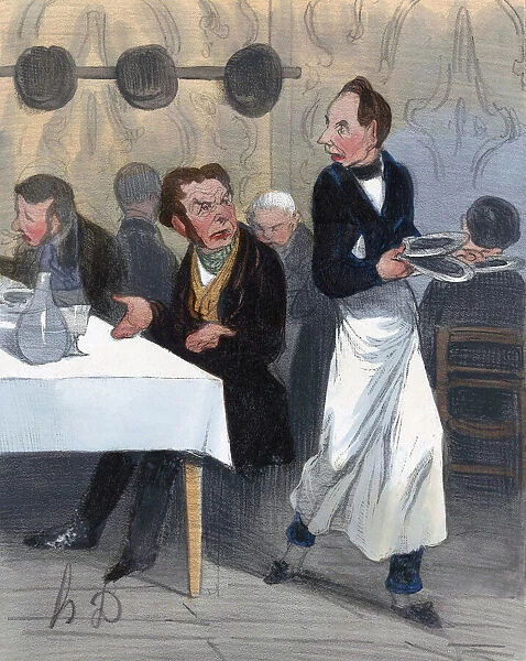Customer in restaurant complaining to waiter about poor service, after a work by Honore Daumier; Artwork