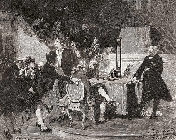 Doctor Guillotine demonstrates a model of his device used to carry out death penalties in France. Dr. Joseph-Ignace Guillotin, 1738 - 1814. French physician, politician, freemason. Although not the inventor of the guillotine his name became an eponym for it. From La Ilustracion Iberica, published 1884