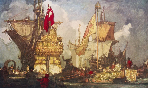 EDITORIAL Queen Elizabeth I going on board the Golden Hind, after the painting by Frank Brangwyn. From Britain and Her Neighbours, 1485 - 1688, published 1923