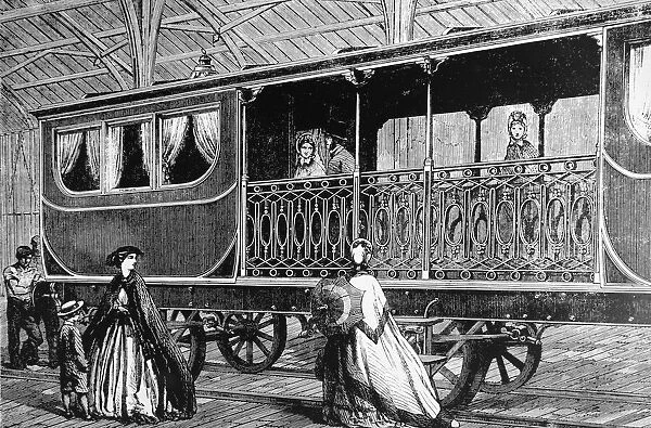 Engraving depicting a Belgian first-class carriage on show, International Exhibition, London