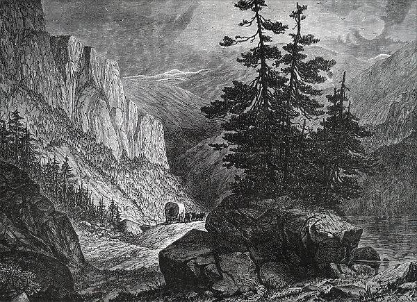 Engraving depicting a covered wagon travelling through the Rocky Mountains