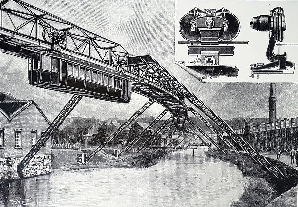 Engraving depicting an overhead monorail system