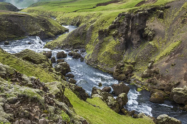 Fimmvorduhals Hiking Trail along River above Skogafoss Falls, South Iceland, Iceland