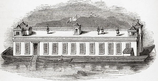 The Folly, a floating coffee-house on the River Thames, opposite Somerset House, London, England. From Old England: A Pictorial Museum, published 1847