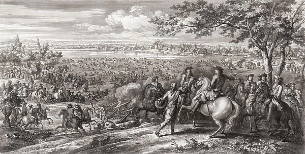 The French army crosses the Rhine into the Low Countries in 1672, at the beginning of the Franco-Dutch War, or Dutch War. From a 17th century print by Charles Louis Simonneau, after a work by Adam Frans van der Meulen