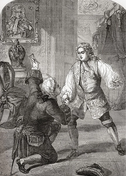 George II receiving news of his fathers death from Walpole, 1727. George II, 1683 - 1760. King of Great Britain and Ireland, Duke of Brunswick-Luneburg (Hanover) and a prince-elector of the Holy Roman Empire. Robert Walpole, 1st Earl of Orford, 1676 - 1745, aka Sir Robert Walpole. British statesman, Whig politician and the de facto first Prime Minister of Great Britain. From Cassells Illustrated History of England, published c. 1890