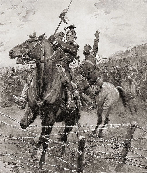 The German Cavalry, The Uhlans, Come Up Against Barbed Wire Erected By The Belgians To Stop Their Advance During World War One. From The History Of The Great War, Published C. 1919