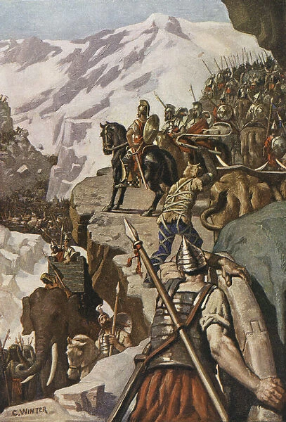 Hannibal crossing the Alps in 218 BC on his way to invade Italy during the Second Punic War. After a work by Charles Winter; Illustration