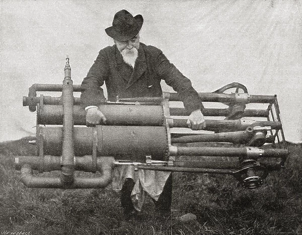Hiram Maxim Holding One Of His Flying Machine Engines, Weighing 300Lb One Of The Lightest Engines Of Its Time. Sir Hiram Stevens Maxim, 1840