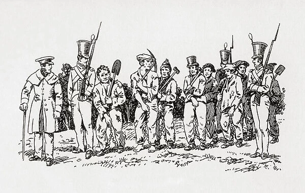 A Hobart chain-gang, a group of prisoners chained together to perform menial or physically challenging work as a form of punishment. From The Martyrs of Tolpuddle, published 1934