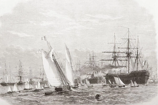 The International Naval Festival at Portsmouth, 1865 - the French fleet leaving Spithead. From The Illustrated London News, published 1865