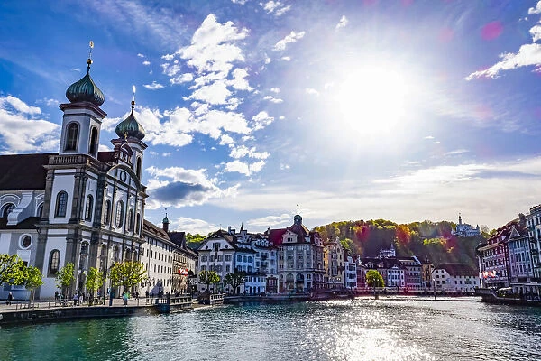 Jesuit church, promenade and buildings along Lake Lucerne, Lucerne, Switzerland