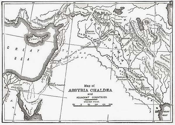 Map of Assyria Chaldea and adjacent countries. From Cassells Universal History, published 1888; Illustration