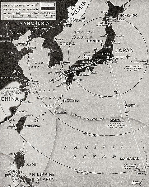 Map illustrating the Far East bombing offensive by American 'Super-Fortresses', November 1944. It shows the area occupied by the Allies, and the Japanese, air raids and naval bases. From The War in Pictures, Sixth Year.