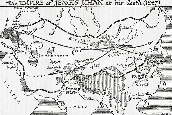 Map showing the Empire of Jengis Khan, or Genghis Khan, at his death, 1227. From A Short History of the World, published c. 1936