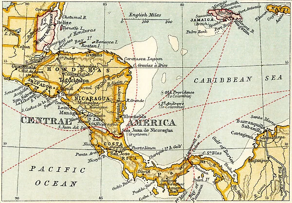 Map showing the Nicaraguan Canal, a proposed shipping route through Nicaragua via Lake Nicaragua in the first decade of the 20th century, which would have connected the Atlantic and the Pacific Oceans. The plan never went ahead after the building of the Panama canal. From The Business Encyclopaedia and Legal Adviser, published 1907