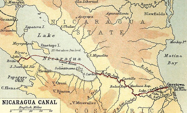 Map showing the Nicaraguan Canal, a proposed shipping route through Nicaragua via Lake Nicaragua in the first decade of the 20th century, which would have connected the Atlantic and the Pacific Oceans. The plan never went ahead after the building of the Panama canal. From The Business Encyclopaedia and Legal Adviser, published 1907