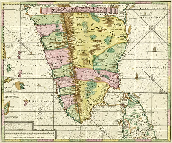 Map of Southern India and Ceylon, after a work made circa 1720 by Dutch cartographer Adriaan Reland. Adams Bridge between the two nations is clearly marked