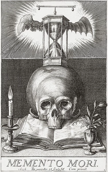 Memento Mori. Remember death, or Remember you must die. After an early 17th century work by Hendrick Hondius. Symbols in this picture include a skull, an hourglass and scales. The scales are set above two very different wings which suggest an afterlife in heaven or hell depending upon comportment in the here and now