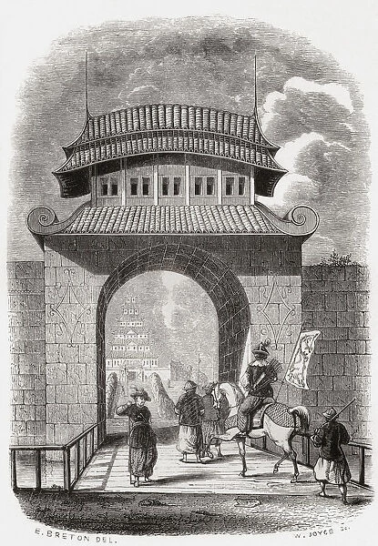 The northern gate of Hirado Castle on Firando Island, modern day Hirado Island, Japan, seen here in the 19th century. The northern gate, yagura ( turret or keep) and moat are all that was left after all the structures of Hirado Castle were dismantled in 1871. From Monuments de Tous les Peuples, published 1843