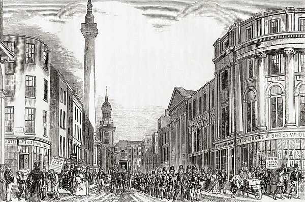Old Fish Street Hill and the Monument to the Great Fire with members of the London Fire Brigade, London, England, 19th century. From Old England: A Pictorial Museum, published 1847