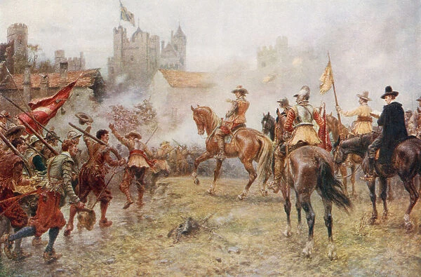 Oliver Cromwell at the storming of Basing House. Oliver Cromwell, 1599 -1658. English general and statesman. After the painting by Ernest Crofts. From Britain and Her Neighbours, 1485 - 1688, published 1923